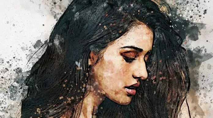 Travel hair‑care packing checklist Watercolor-style portrait of a woman with long dark hair in profile, eyes closed, wearing a strappy top.