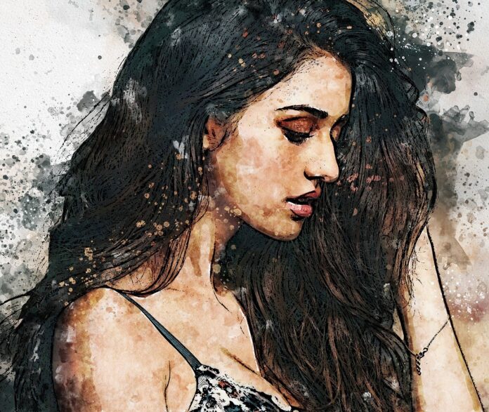 Watercolor-style portrait of a woman with long dark hair in profile, eyes closed, wearing a strappy top.